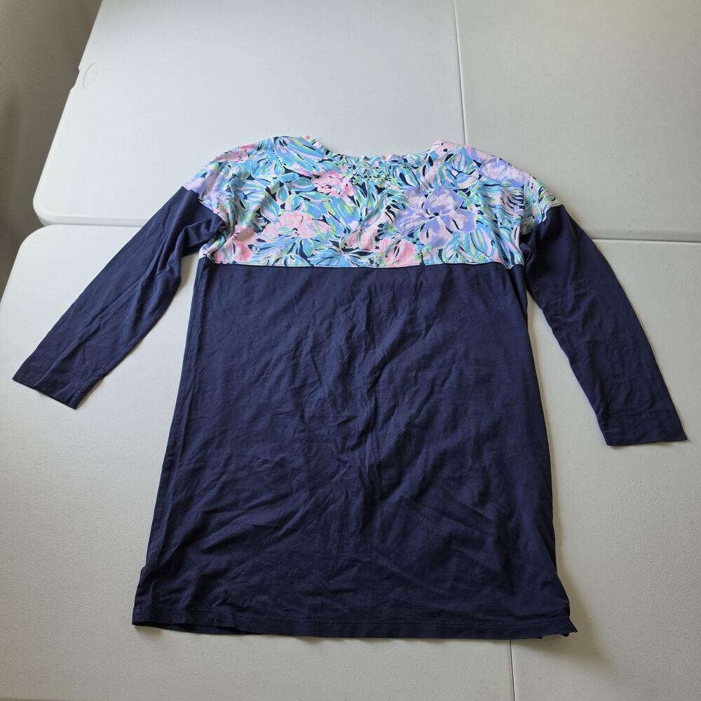 Lilly Pulitzer Dress Womens XL Blue Floral Pima Cotton Shift Tunic Long Sleeve
